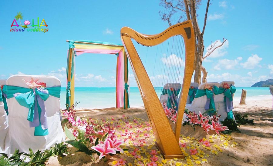 harp on the beach beofre a wedding with tourquise waters